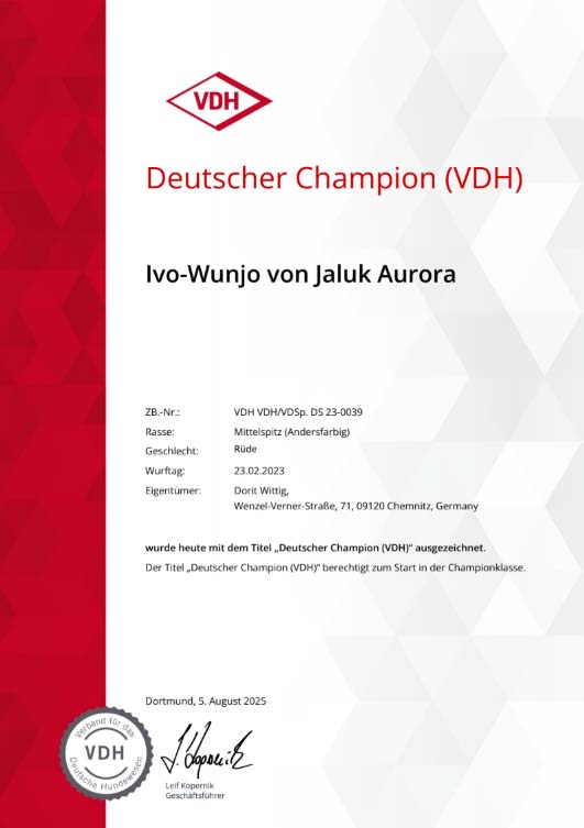 Deutscher Jugend-Champion(VDSp.) - Ivo-Wunjo von Jaluk Aurora